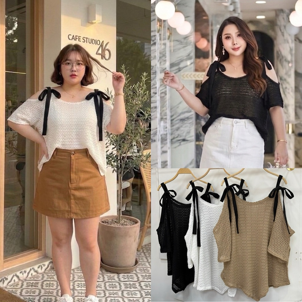 /TB/ เสื้อผ้านูนลายโครเชต์ สายผูกโบว์ปรับระดับได้ ผ้านิ่มนุ่ม ยืดมาก ใส่สบายสุดๆ #เสื้อสาวอวบ พลัสไซส์ ไซส์ใหญ่