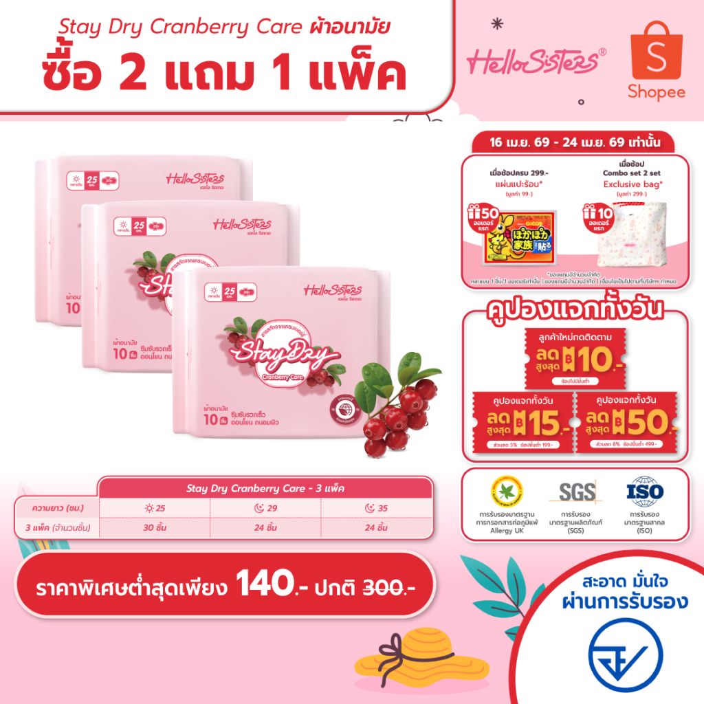 [เลือกความยาวเลย] 2 แถม 1 StayDry Cranberry Care  HelloSisters เฮลโล ซิสเทอะ ผ้าอนามัย มีปีกและไม่มีปีก 25-35 ซม.