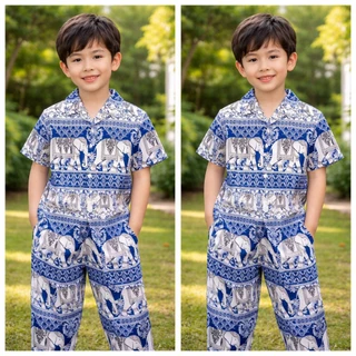ชุดลายช้างเด็ก ใส่ได้ทั้งชายหญิง เหมาะกับหน้าร้อน ไหมญ่ปุ่นงานผลิตไทยคุณภาพดี สีสวย ลายชัด ผ้าเย็นใส่สบายมาก