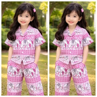 ชุดลายช้างเด็ก ใส่ได้ทั้งชายหญิง เหมาะกับหน้าร้อน ไหมญ่ปุ่นงานผลิตไทยคุณภาพดี สีสวย ลายชัด ผ้าเย็นใส่สบายมาก