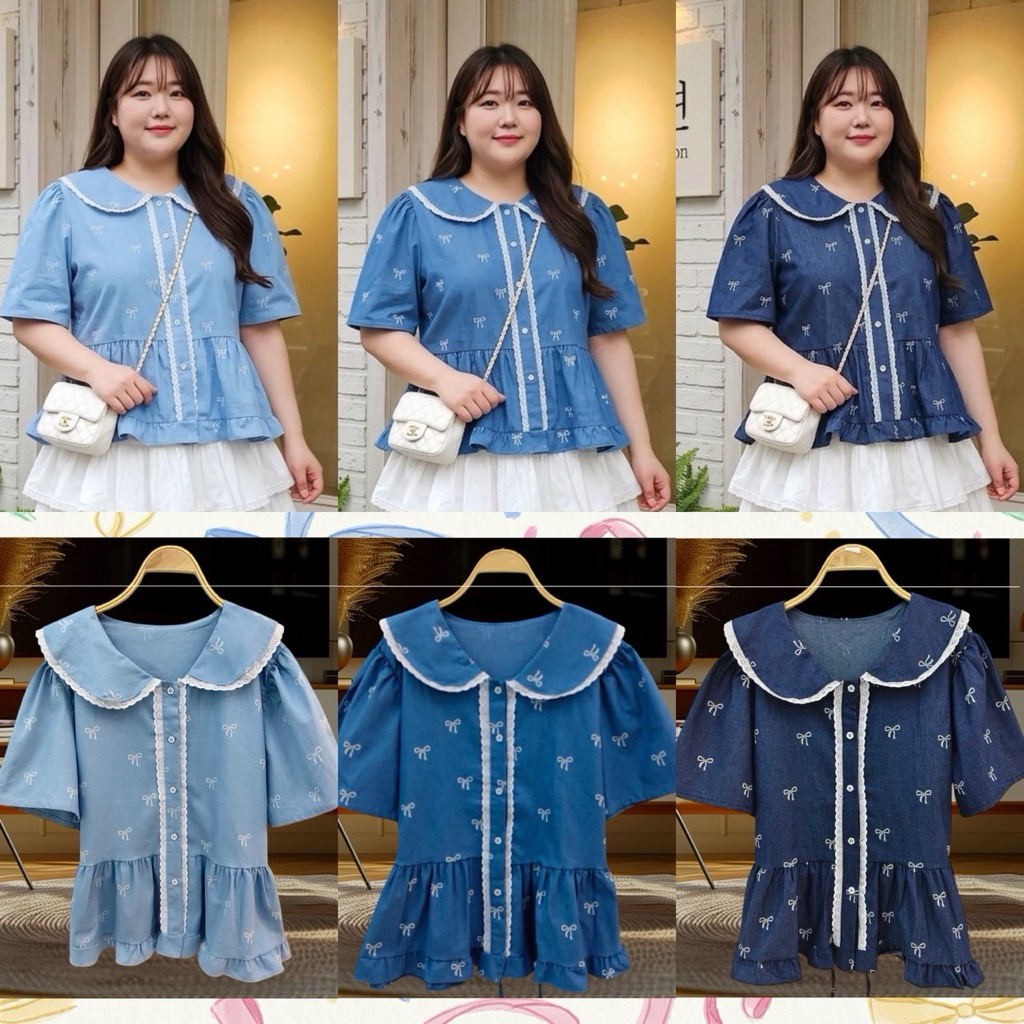 BN685.เสื้อสาวอวบ ปกบัวลูกไม้ข้างชายระบาย ลายโบขาว อก38-48“