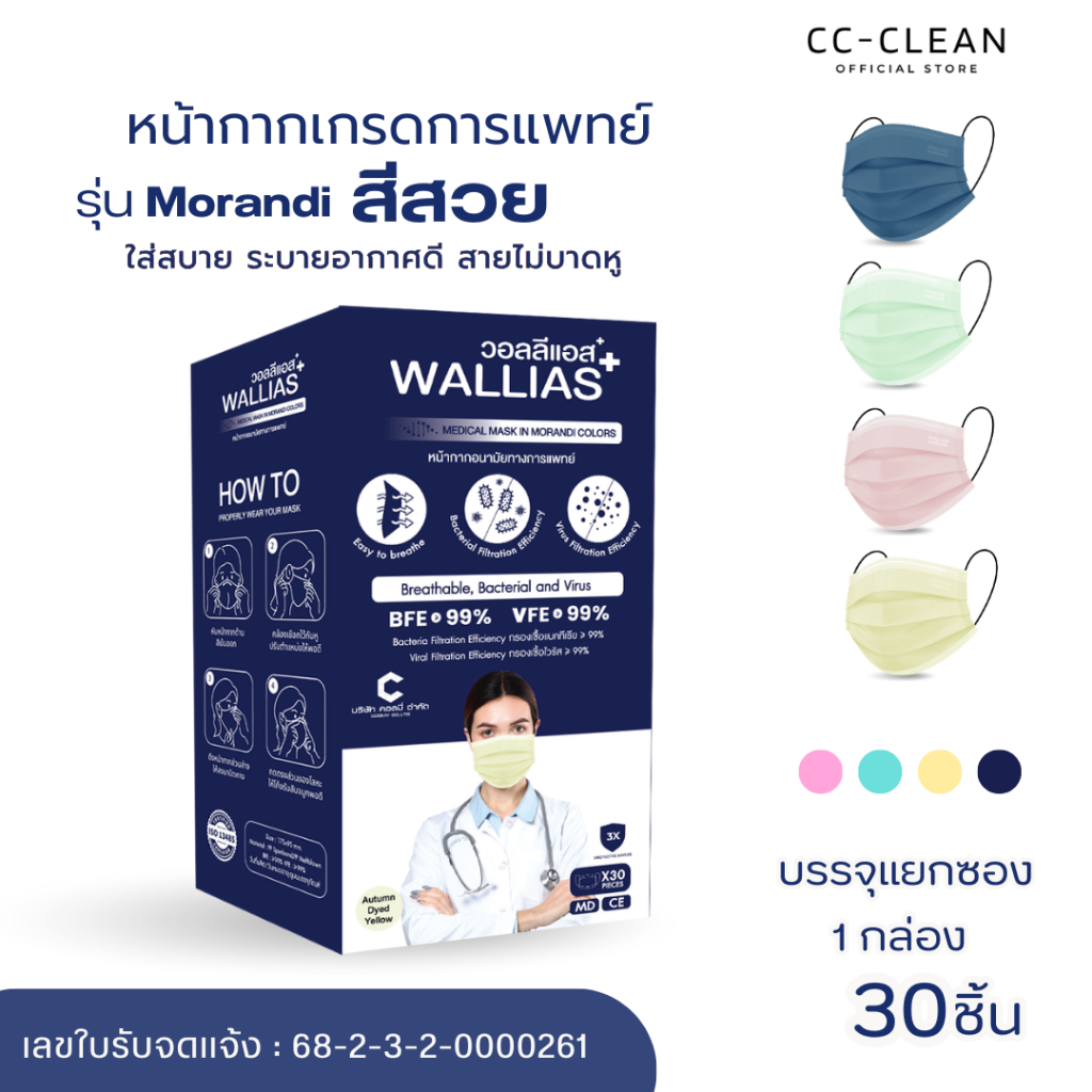 หน้ากากอนามัยทางการเเพทย์ วอลลิแอส Wallias Medical Mask รุ่น Morandi  เเมสก์ หนา 3 ชั้น  แมสกรองฝุ่นได้ดี PM2.5 พร้อมส่ง