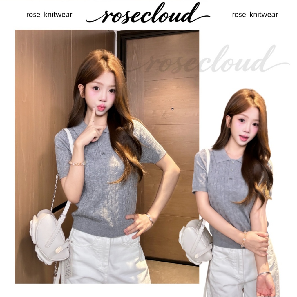 🌟rosecloud🌟เสื้อถักแขนสั้นผู้หญิงสีลูกกวาด เนื้อผ้าบางเบา ดีไซน์ไหล่เข้ารูป สวมใส่ได้หลากหลาย ช่วยให้ดูผอมเพรียวและสวย