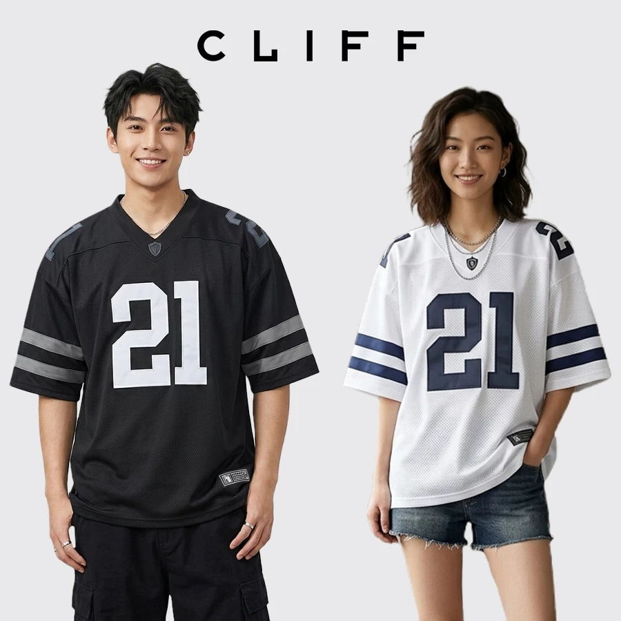 CLIFF แขนสั้นชาย สไตล์อเมริกัน คอวี แมทช์ลุคง่าย oversize ผ้าตาข่าย unisex