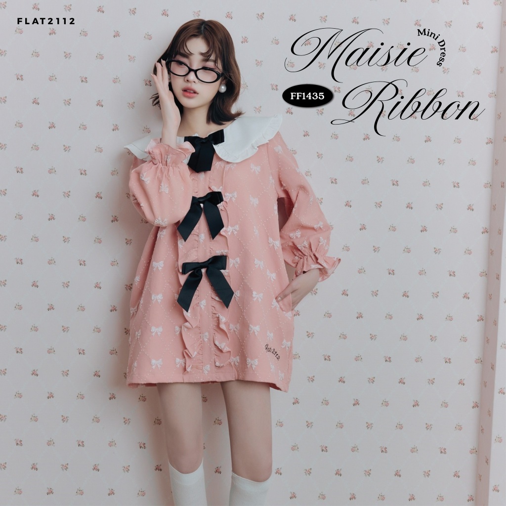 FLAT2112 : MAISIE RIBBON MINI DRESS เดรสสั้นสายหวาน สไตล์เกาหลี เดรสตัวเดียวจบ ลุคหวาน เดรสหวาน สไตล์เกาหลี (FF1435)