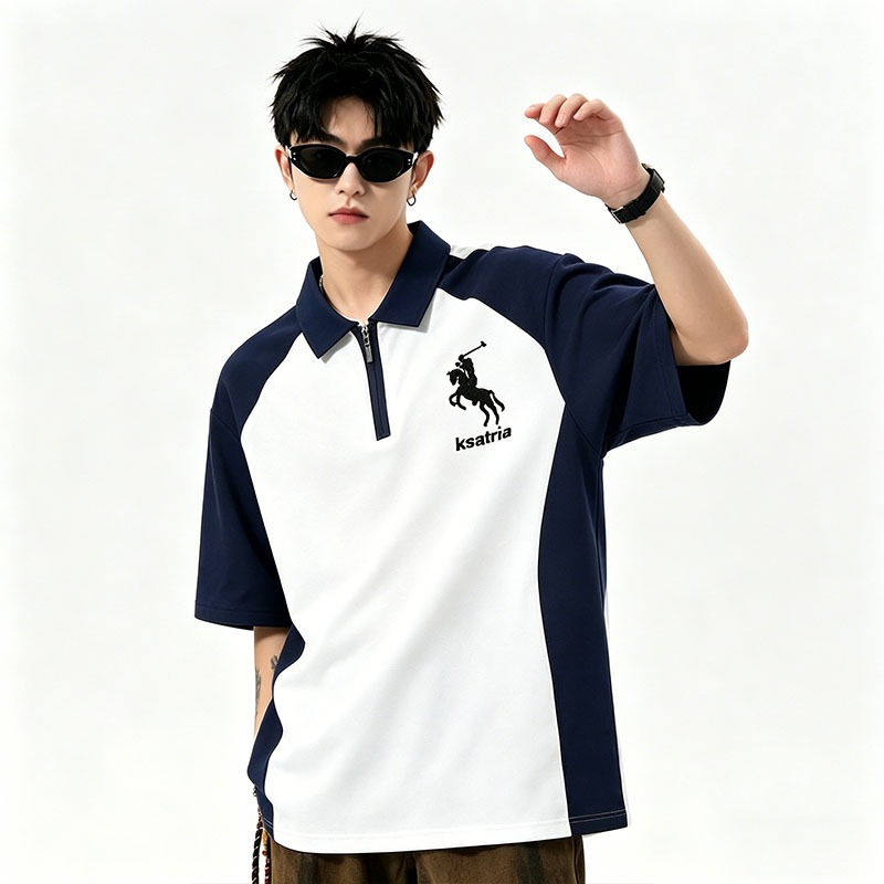 เสื้อโปโลสองสีสำหรับผู้ชาย ซิปครึ่งตัว คอปกหลวม สไตล์สตรีท