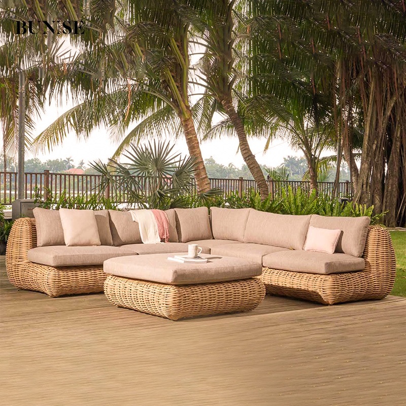 BUNISE Outdoor Rattan Sofa Set P31 - Small Sofa and Coffee Table Combination for Gardens, Balconies,