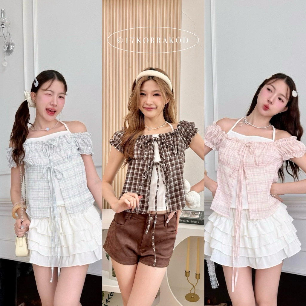 🌻เสื้อแขนตุ๊กตาผูกหน้าแต่งสองชั้นสไตล์เกาหลี ใส่ขึ้นไหล่ปาดไหล่ได้ ดีเทลเสื้อข้างในเต็มตัวมีเชือกคล้องคอ (Somethingcute)