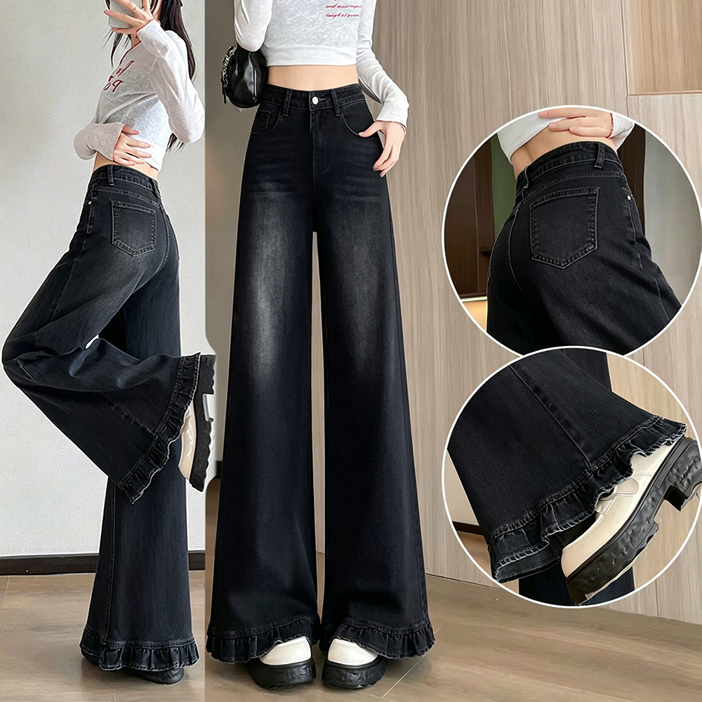 Plus Size~Straight-leg pants Blue Denim กางเกงขายาวทรงตรงหลวมๆ ทันสมัย กางเกงยีนส์ขาบานยืดทรงสวยทันสมัย HOT