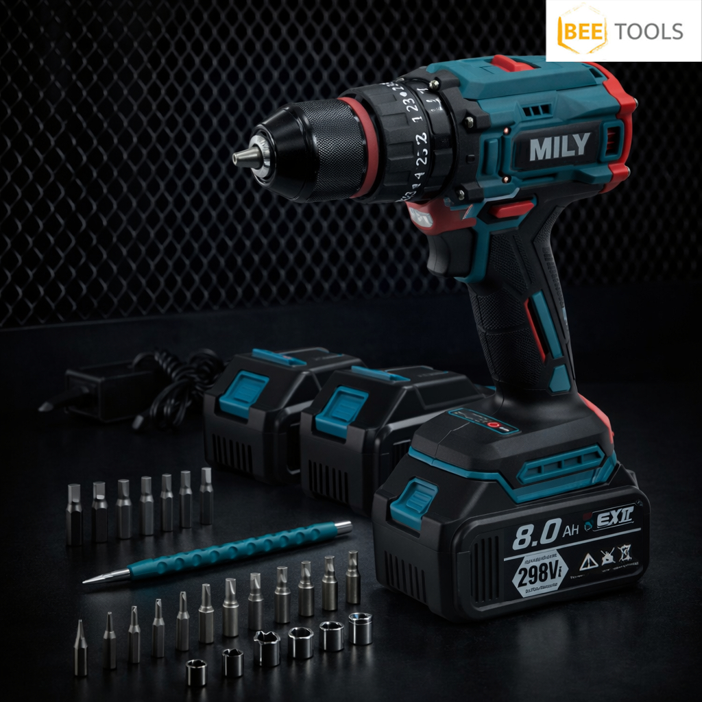 MILY สว่านไร้สาย 298V 3ระบบ มอเตอร์บัสเลส แบตเตอรี่ใหญ่ 2 ก้อน มีระบบกระแทก รุ่นใหม่ล่าสุด พร้อม ดอกสว่าน และ อุปกรณ์ เค