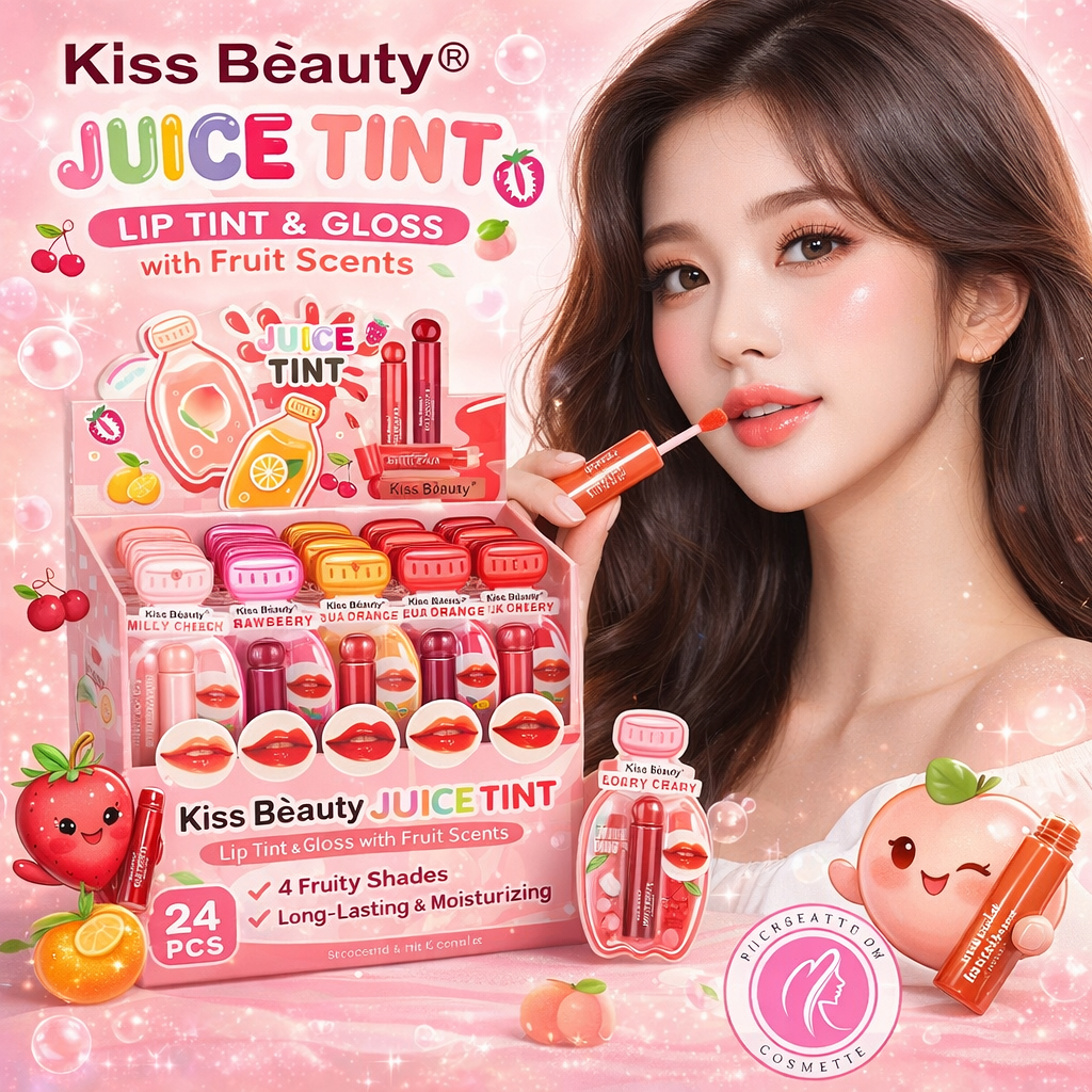 ราคายกกล่อง 24 ชิ้น Kiss Beauty Juice Tint ลิปทิ้น ลิปกลอส ผลไม้ มี 4 สี กลิ่นหอม ติดทน บำรุงปาก