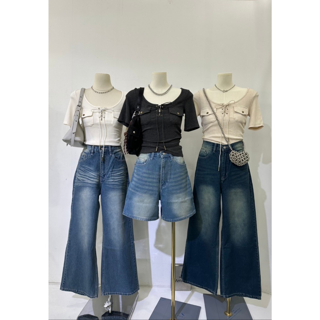 M2104 เสื้อร่องแขนสั้นรุ่นใหม่ ดีเทลเชือกผูกอกแบบสับ เพิ่มความชิคด้วยกระเป๋าคู่หน้า