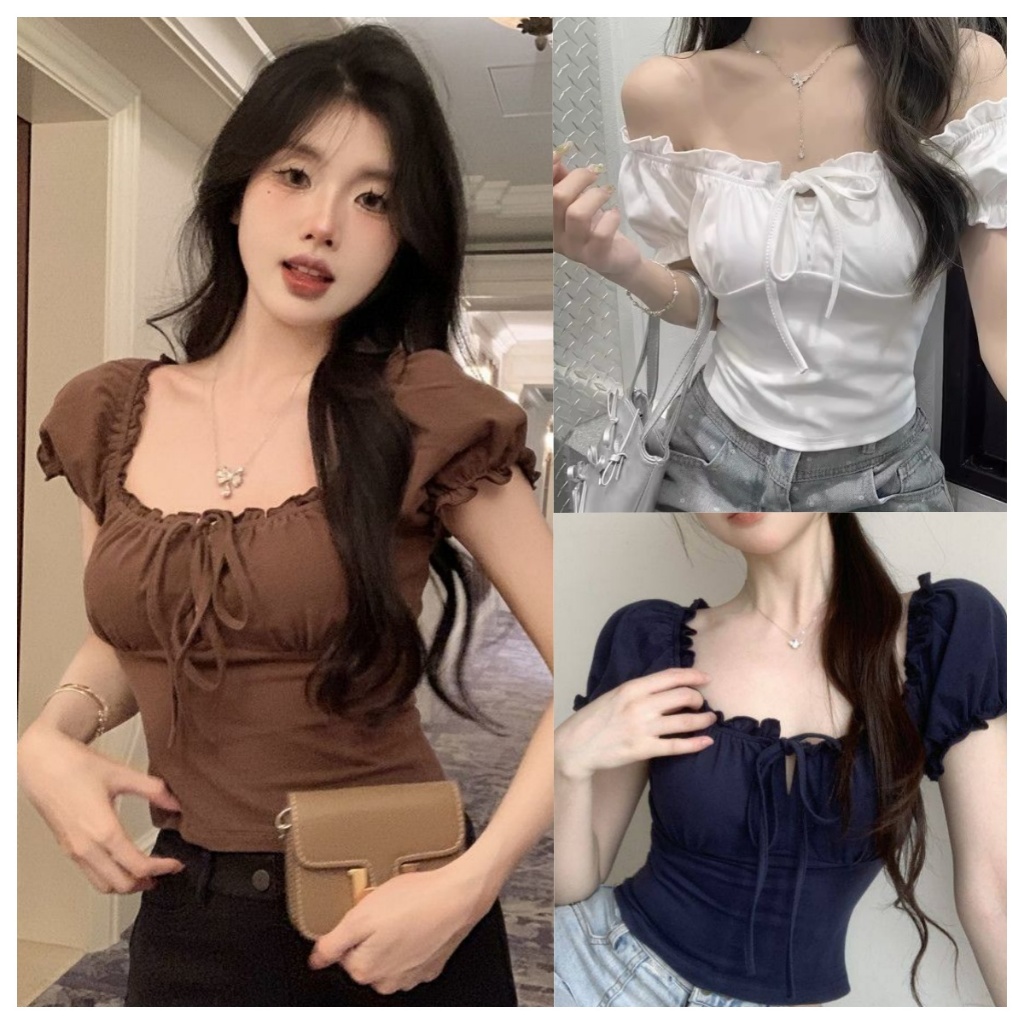 Beryl เสื้อยืดผู้หญิงแขนสั้นมีโบว์ ดีไซน์เปิดไหล่ แขนพอง ทรงครอป เสื้อตัวบนเข้ารูป สไตล์ฝรั่งเศส