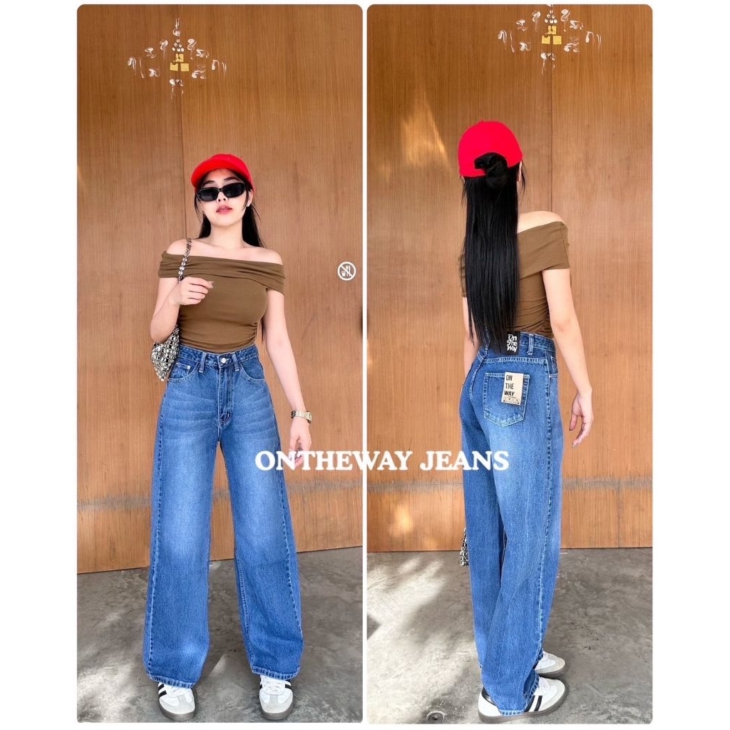 กางเกงยีนส์ทรงกระบอกเอวสูงป้ายonthewayผ้ายีนส์นิ่มใส่สบายเก็บทรงโทนสียีนส์ฟอก
