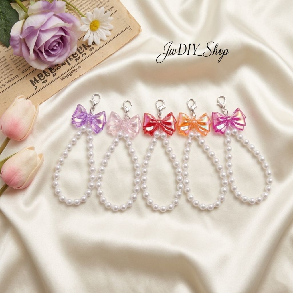 JwDIY🤍 พวงกุญแจโบว์อะคริลิคไข่มุกสีขาว พวงกุญแจอเนกประสงค์ ที่ห้อยอเนกประสงค์ ที่ห้อยโทรศัพท์