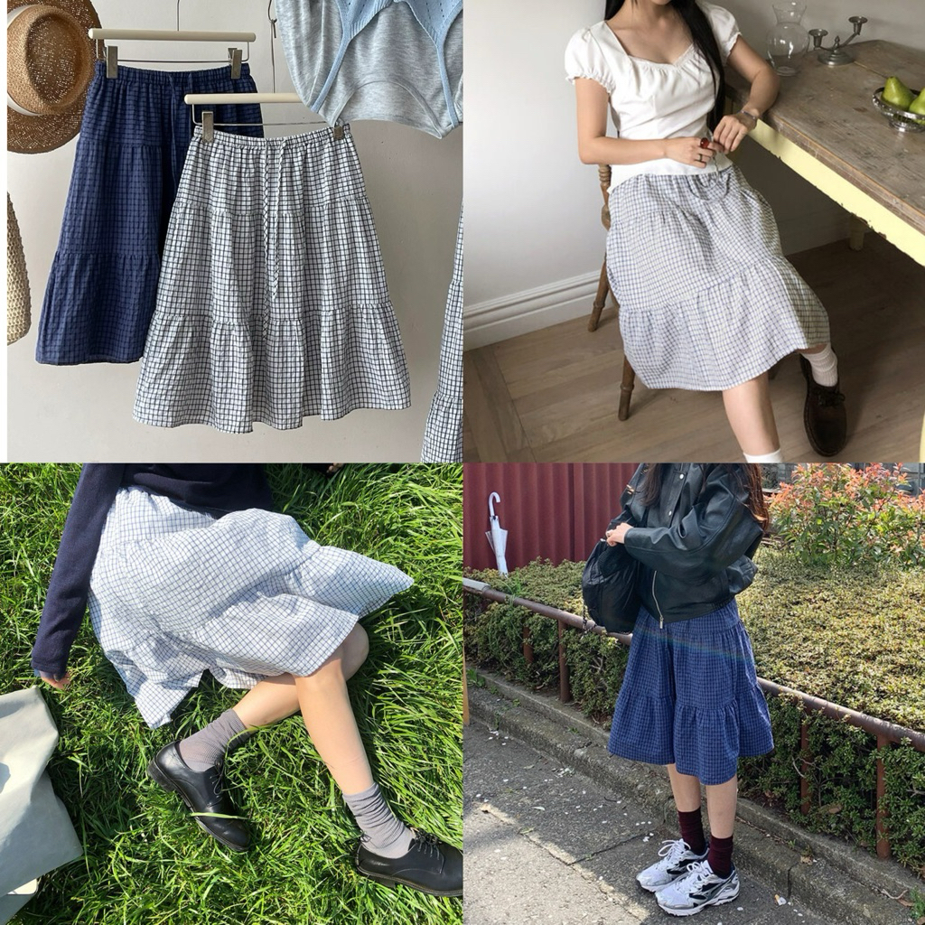 Somedays l 🐰Yubi Skirt กระโปรงเอวสม็อคลายตารางแบบพส.เกาหลีจี้ปุ่ง