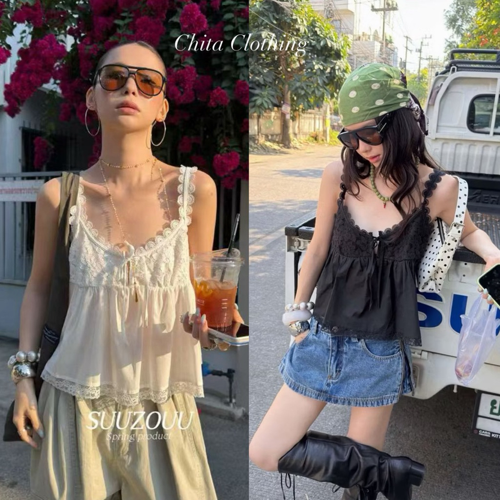 📍พร้อมส่ง📍SU120 26C เสื้อสายเดี่ยวลูกไม้ มีสายผูกช่วงอก งานทรงสวยเก๋ ใส่แมทซ์ง่าย Tag MM Fish🇰🇷🇰🇷
