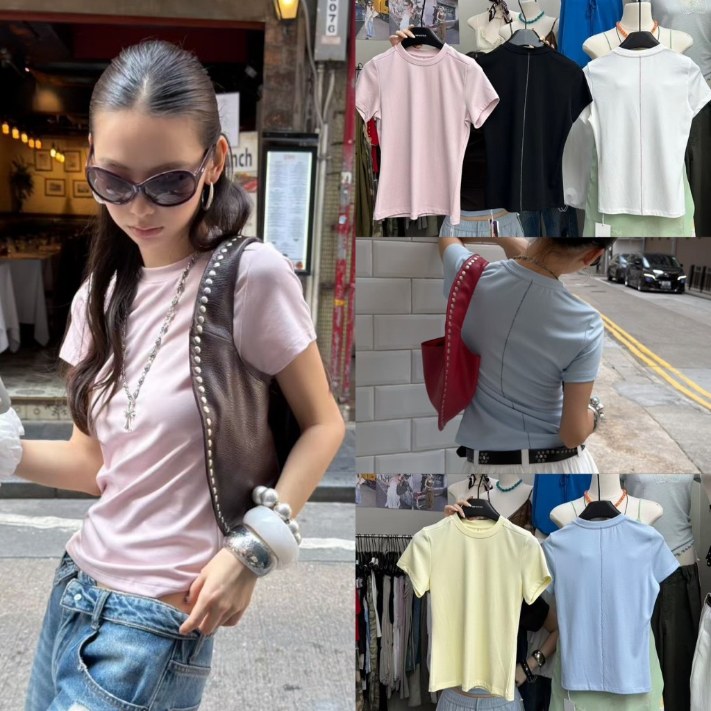 🧵🧡 🇰🇷 SU233 เสื้อคอวี ลายสก็อต แขนสั้น แต่งผ้าลูกไม้ ทรงพอดีตัว ผ้าดี สีสวย งานน่ารัก ใส่สบาย แฟชั่นเกาหลี TAG MM Fish ✈