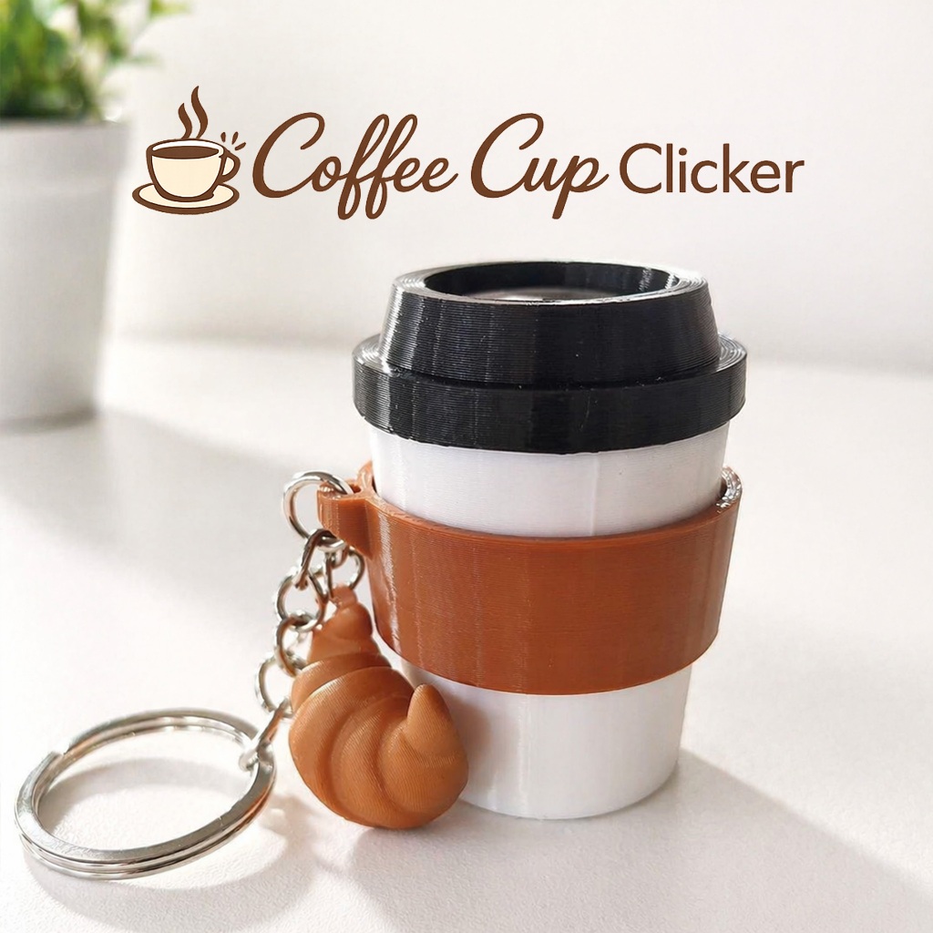 พวงกุญแจ Clicker Coffee Cup พร้อมจี้ครัวซองจิ๋ว 3D Print สินค้าพร้อมส่ง