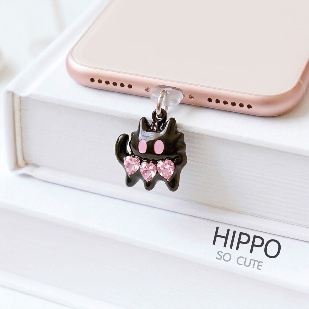 [ร้านไทย] มีลายด้านเดียว จุกกันฝุ่น iPhone android iPad จุกกันฝุ่นมือถือ จุกกันฝุ่นไอแพด แมวดำแต่งเพชร