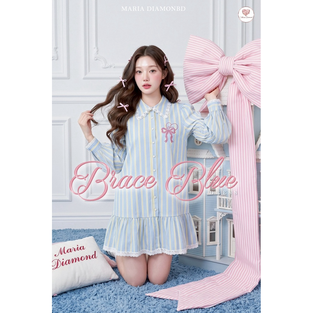 (มี3XL) Maria Diamond สีฟ้า Brace Blue Dress เดรสทรงปล่อยผ้าคอตตอนลายริ้วกระดุมหน้า แขนยาว งานปักหน้าหลัง มีซับใน