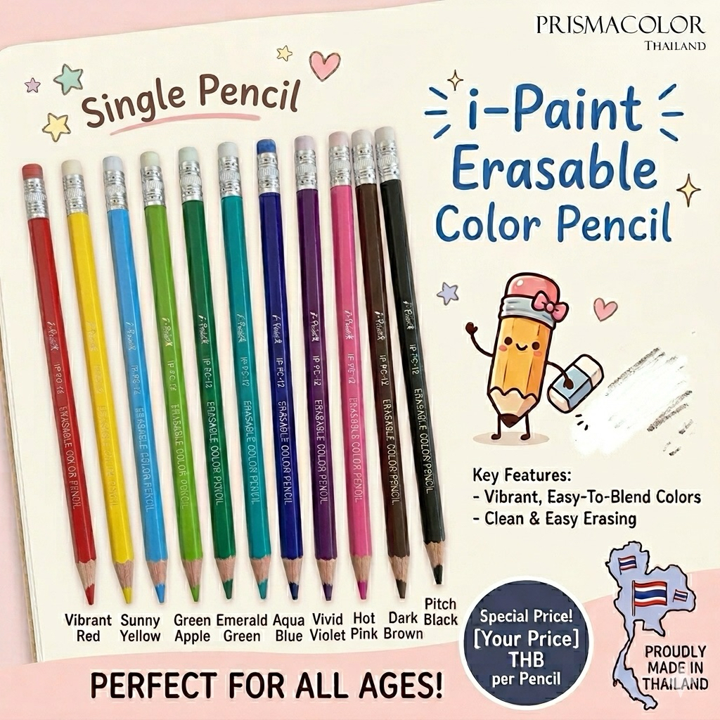ดินสอสีไม้ลบได้ I-Paint Color Erasable (แยกแท่ง) | มียางลบในตัว สีสวย ระบายง่าย ลบสะอาด