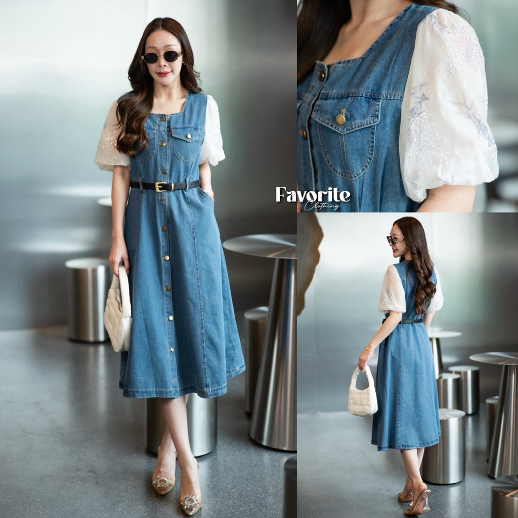 Jeans Patch Chiffon Embroidery Sleeve Maxi Dress