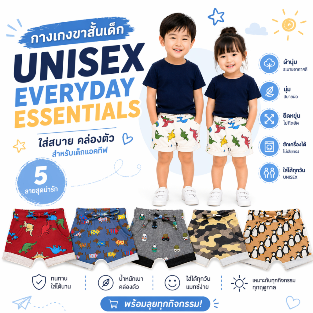 Leeya กางเกงขาสั้นเด็ก เนื้อผ้านุ่ม สวมใส่สบาย งานพรีเมี่ยม คุณภาพดี supersoft 100% cotton KIDS SHORTS AD