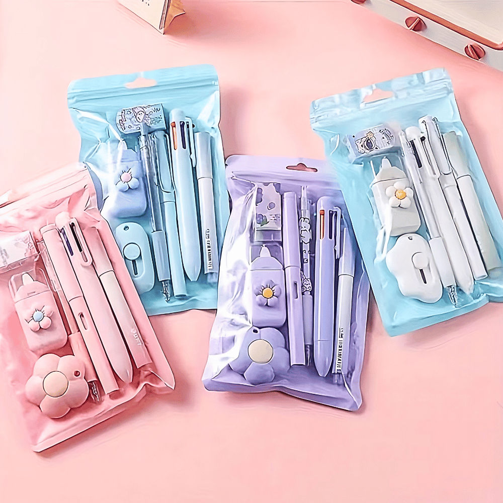 เครื่องเขียน Set 7 ชิ้น สำหรับเด็กนักเรียน ปากกา/ดินสอ/เทปลบคำผิด/คัตเตอร์ มีให้เลือก 4 สี!!
