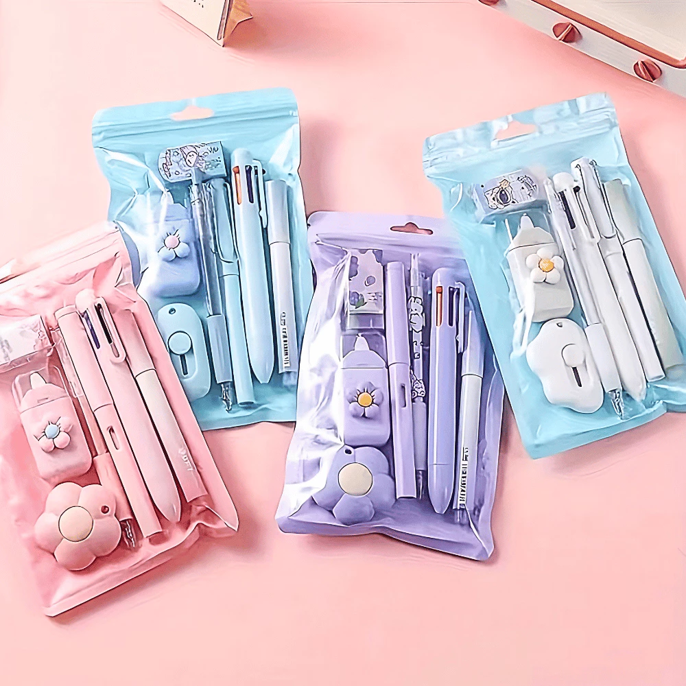 เครื่องเขียน Set 7 ชิ้น สำหรับเด็กนักเรียน ปากกา/ดินสอ/เทปลบคำผิด/คัตเตอร์ มีให้เลือก 4 สี!!