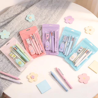 เครื่องเขียน Set 7 ชิ้น สำหรับเด็กนักเรียน ปากกา/ดินสอ/เทปลบคำผิด/คัตเตอร์ มีให้เลือก 4 สี!!