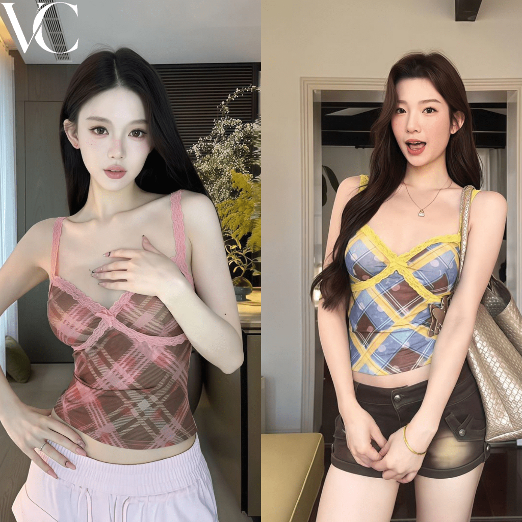 Fariy🍒คลังสินค้าพร้อม🍒 เสื้อสายเดี่ยวผ้าลูกไม้ลายสก็อตเข้ารูป ดีไซน์ใหม่ สไตล์เรโทร หวาน เซ็กซี่ สีสันสดใส สำหรับฤดูร้อนปี 2026 สำหรับผู้หญิง