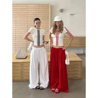 [Trendy striped two-piece set]เกาหลีรุ่นวินเทจผู้หญิงลายเสื้อยืดแขนสั้นและกางเกงลำลองขากว้าง