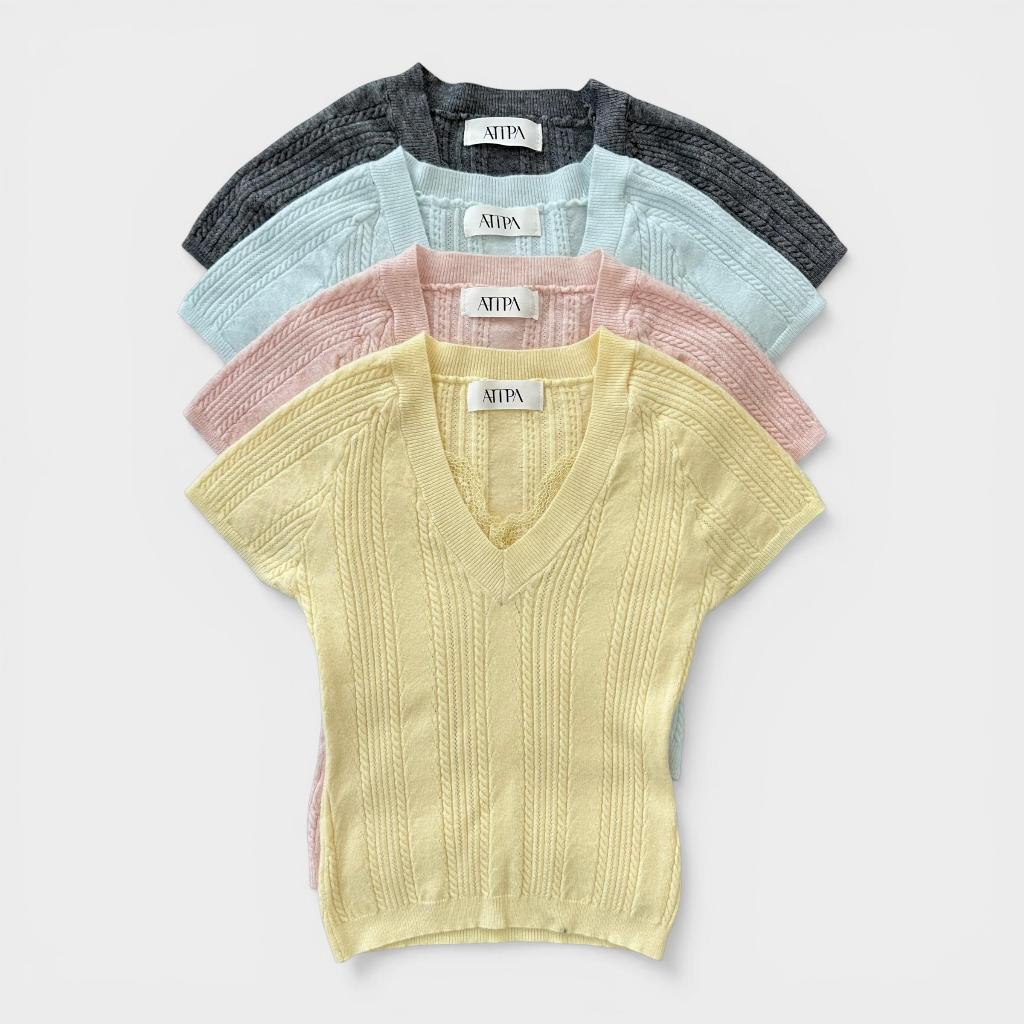 Atipashop - Honey V Knit | เสื้อไหมพรมคอวี นุ่มเด้ง ดีเทลแต่งลูกไม้