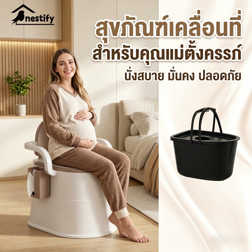 Nestify ส้วมเคลื่อนที่ ห้องน้ำพกพา สามารถรับน้ำหนักได้ 200กก สีขาว/เทา/น้ำตาล/สีกากี ผู้สูงอายุ คนท้อง