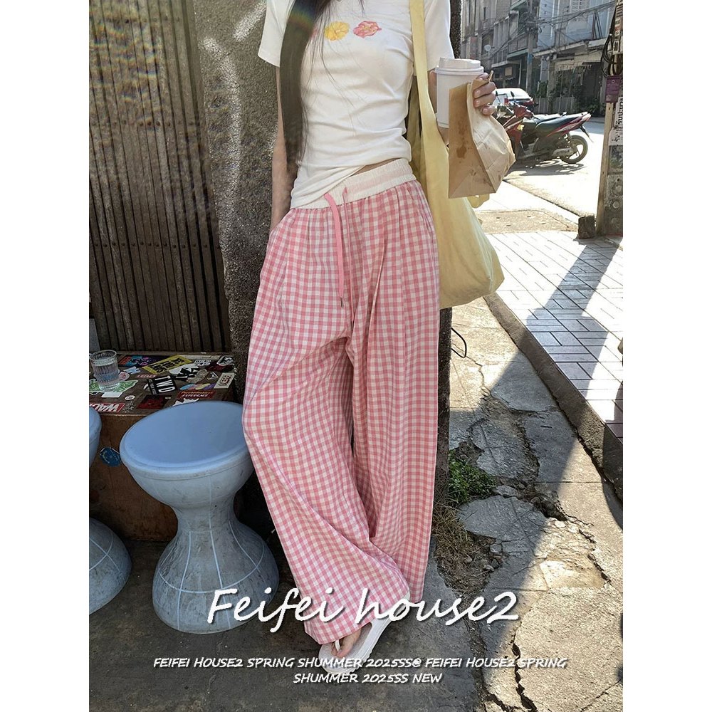 [Casual color-blocked plaid trousers]กางเกงขากว้างลายสก็อตสีคอนทราสต์พับจีบเชือกดึงสไตล์สตรีทสบาย