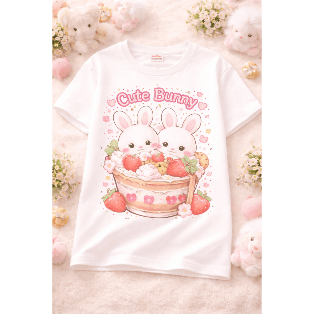 R เสื้อยืดสีขาว ลายกระต่ายน้อยน่ารัก ใส่สบาย แมทช์ง่าย