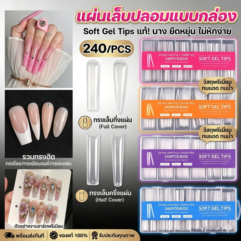 【จัดส่งเร็ว】แผ่นต่อเล็บ แผ่นต่อเล็บยาวมาก ABS  240 ชิ้น แบบติดครึ่ง แบบติดทั่ว 3 รูปทรง ใช้ได้ทั้งร้านทำเล็บและที่บ้าน