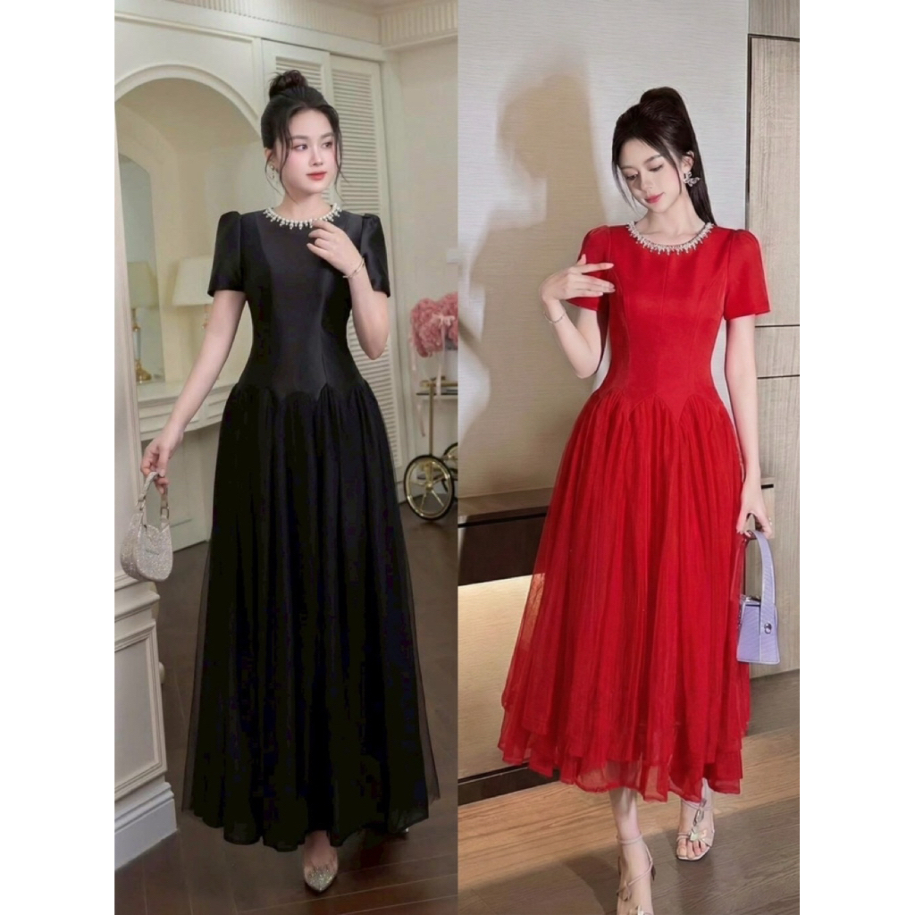 D4 งานป้าย Widelia Dress เดรสยาวแขนสั้นคอไข่มุก สำหรับผู้หญิง เสื้อผ้าแฟชั่นผู้หญิง ไซส์ S-XL