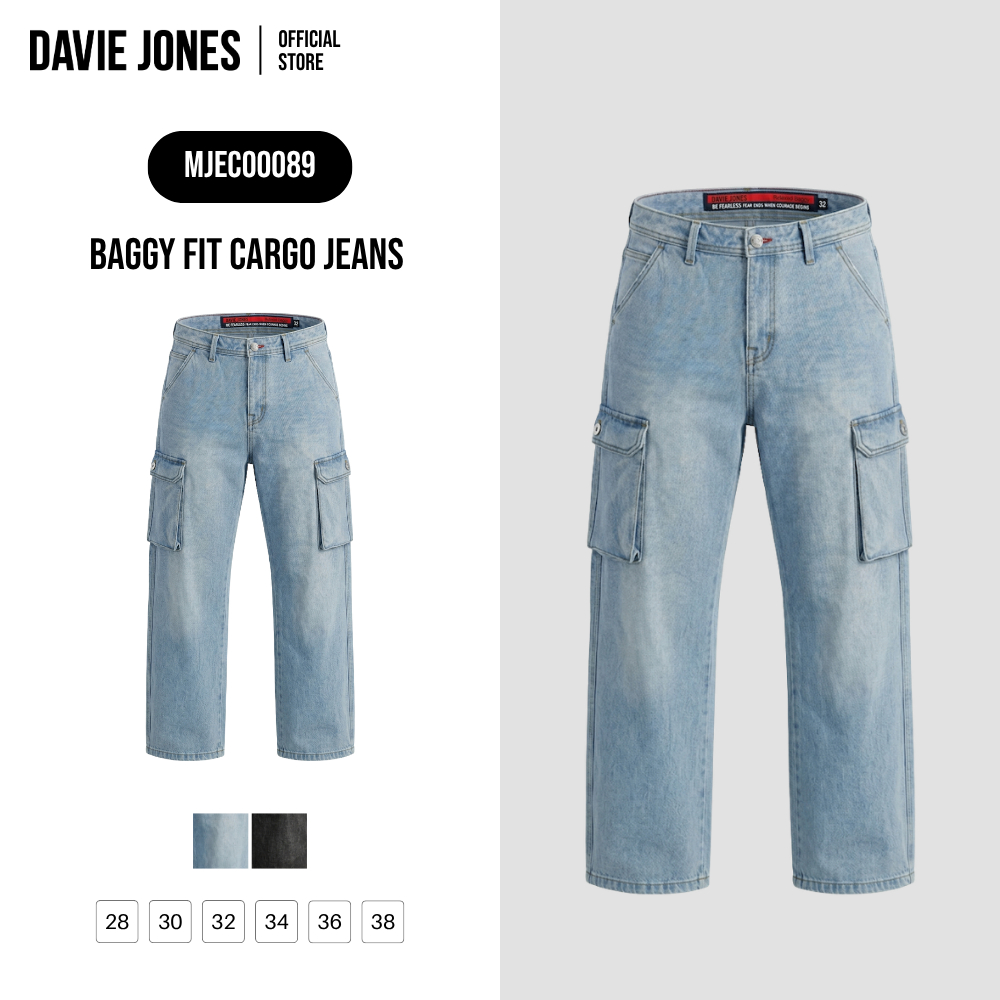 DAVIE JONES [BE FEARLESS] กางเกงคาร์โก้ผู้ชาย Relax Fit Denim Cargo Baggy สีฟ้า ดำ CO0089