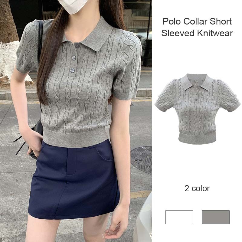 ปกโปโล บิด แขนสั้น เสื้อถัก ผู้หญิง สีทึบ ด้านบน กระชับสัดส่วน สั้น เสื้อถัก JD
