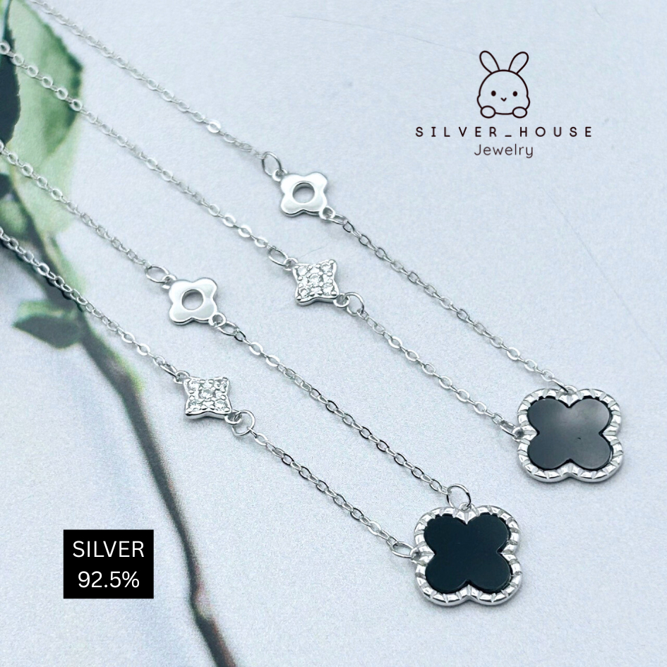 สร้อยคอเงินแท้ 92.5% แต่งจี้ลายใบโคลเวอร์ สีดำ น่ารัก​มากๆ