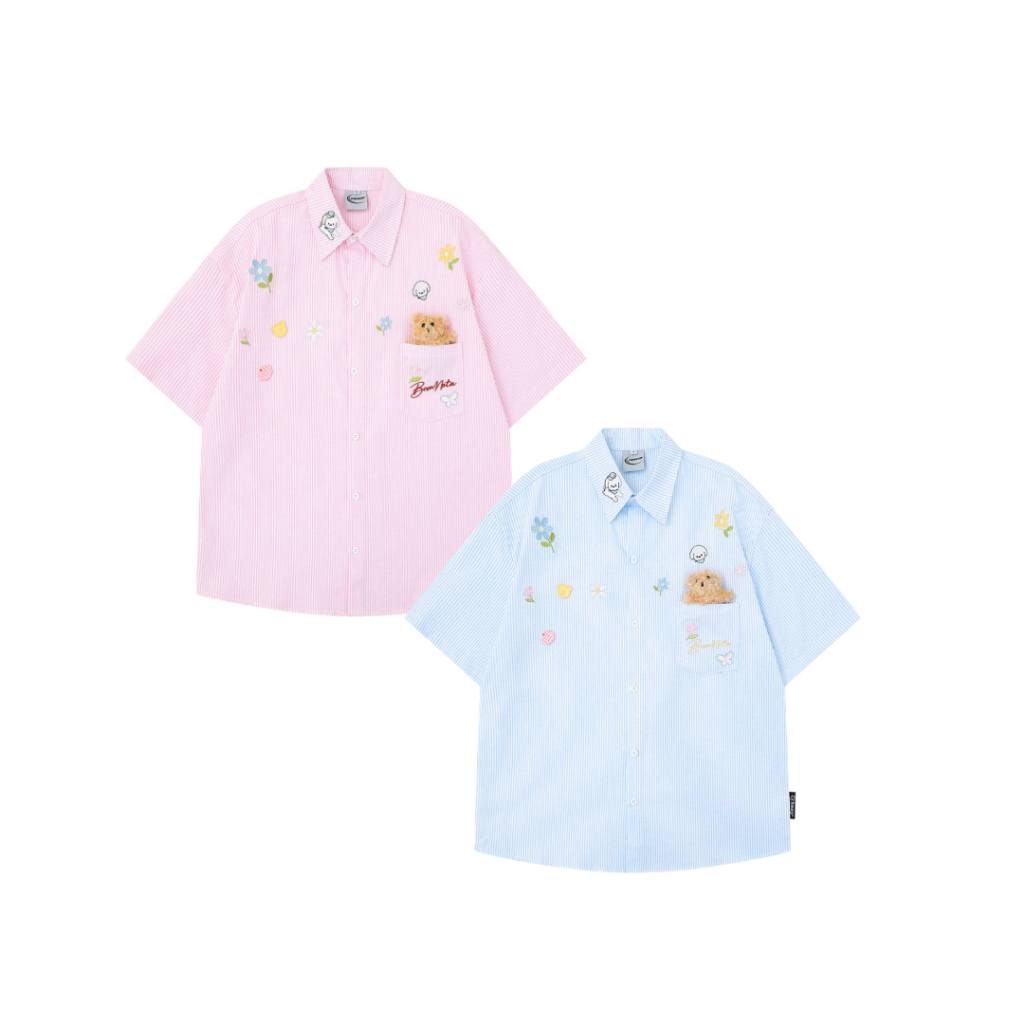 เสื้อเชิ้ตเกาหลีมินิมอลพร้อมเข็มกลัดน้องหมี Premium Korea Cute bear Shirt Style