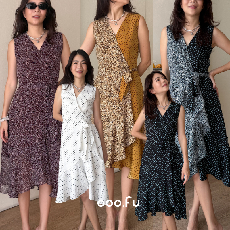 OOO.FU- Ruffle Wrap Dress แร๊พเดรสแขนกุด ผูกเอว ชายระบาย