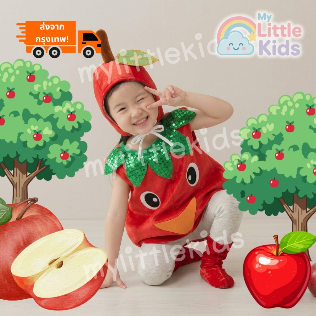 ชุดแอปเปิ้ลเด็ก ชุดแฟนซีผลไม้ ชุดคอสเพลย์เด็ก ผ้ากำมะหยี่นุ่มมาก Apple Velvet Costume งานโรงเรียน งานแสดง งานวันเด็ก