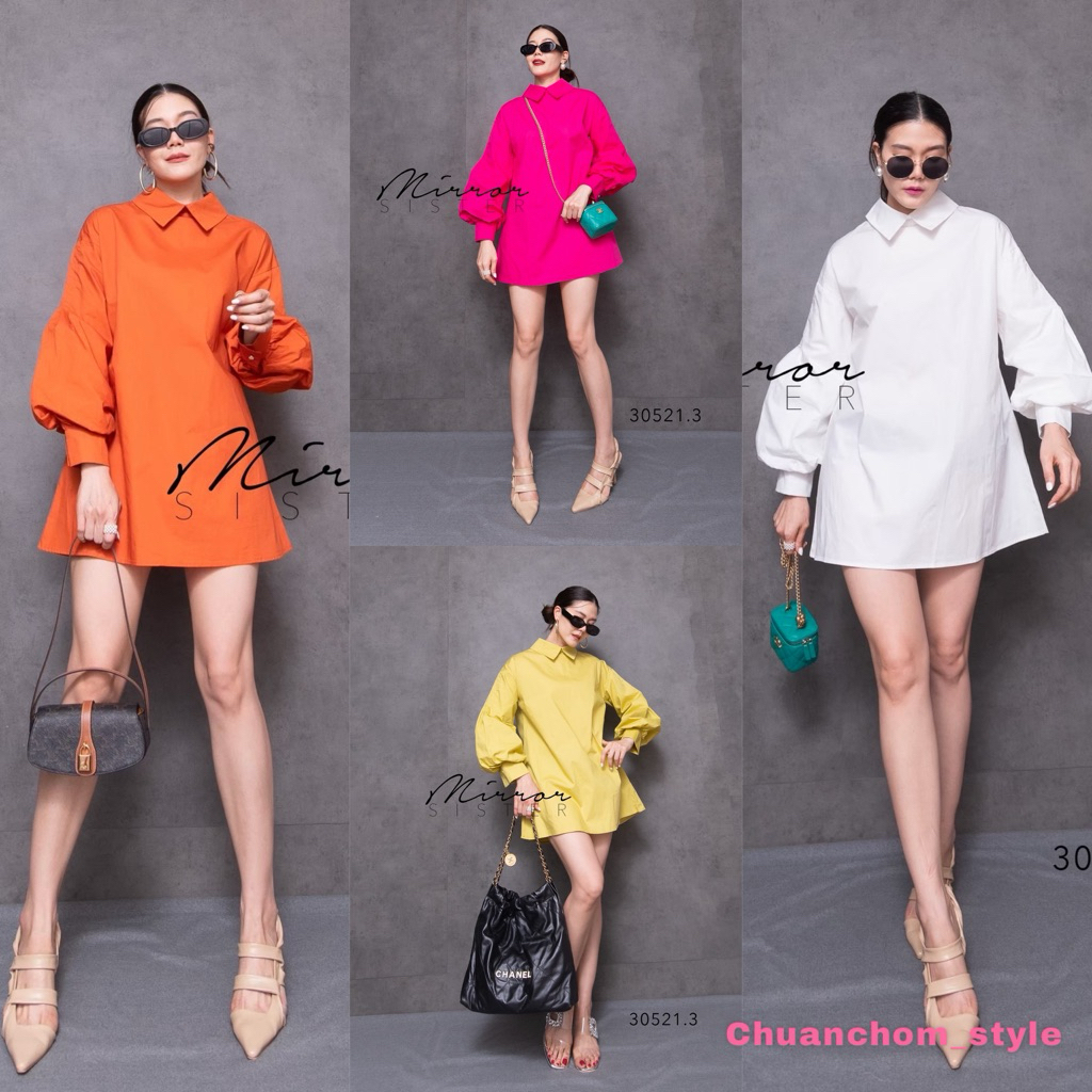 🔖Mirrorsister 30521.3 เดรสเชิ้ตทรงน่ารัก ดีเทลเก๋ๆ ปกคอปิด ช่วงปลายแขนจับพอง เป็นทรงAเบาๆ ใส่ได้บ่อย สวยทุกสี
