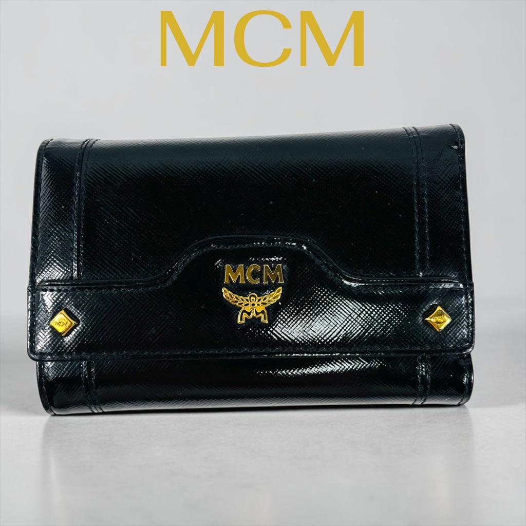 MCM Leather Trifold Wallet Black Gold Vintage Japan