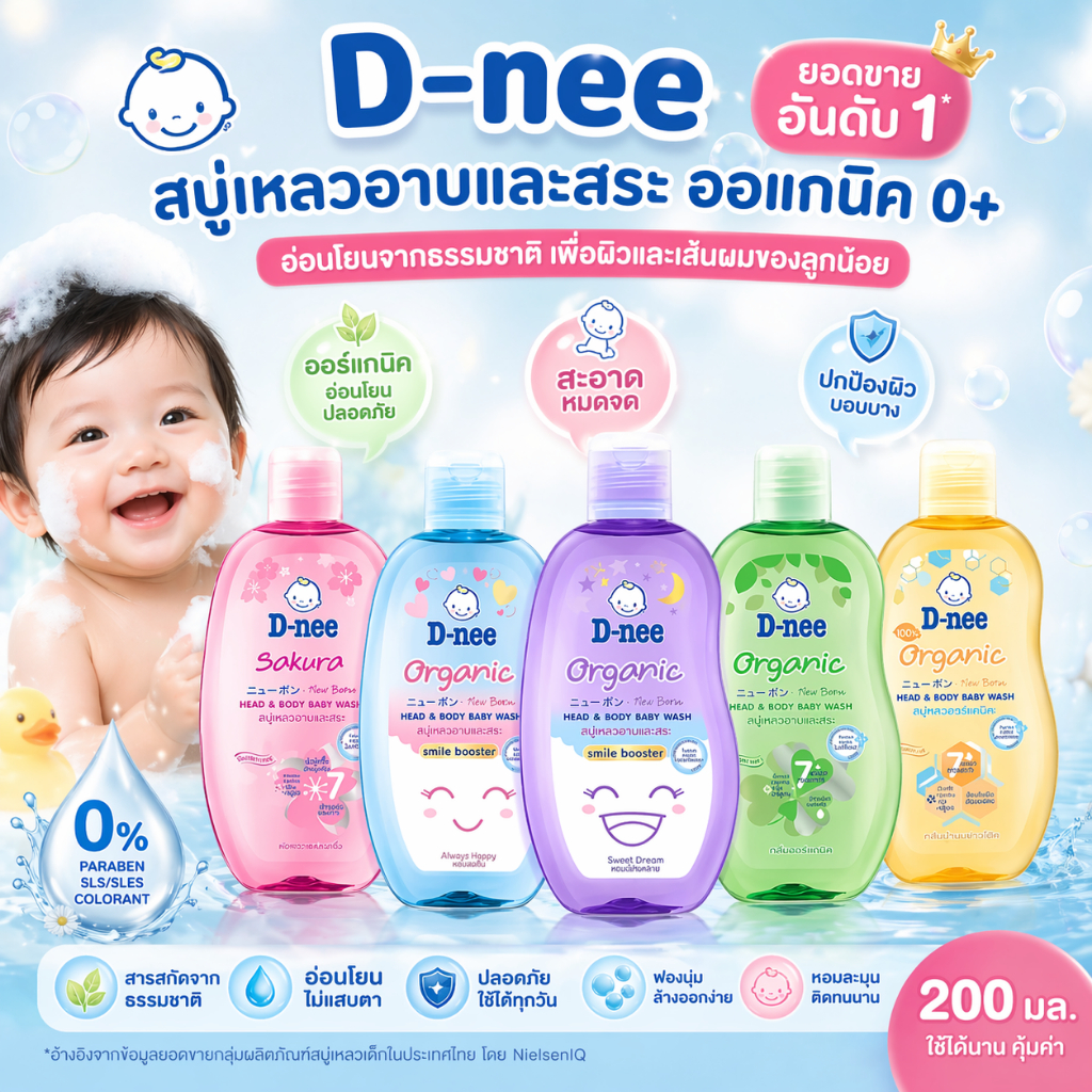 D-nee ดีนี่ สบู่เหลวอาบและสระ [ขนาด 200 มล.] สบู่อาบน้ำเด็ก สูตรออแกนิค สำหรับเด็กแรกเกิด
