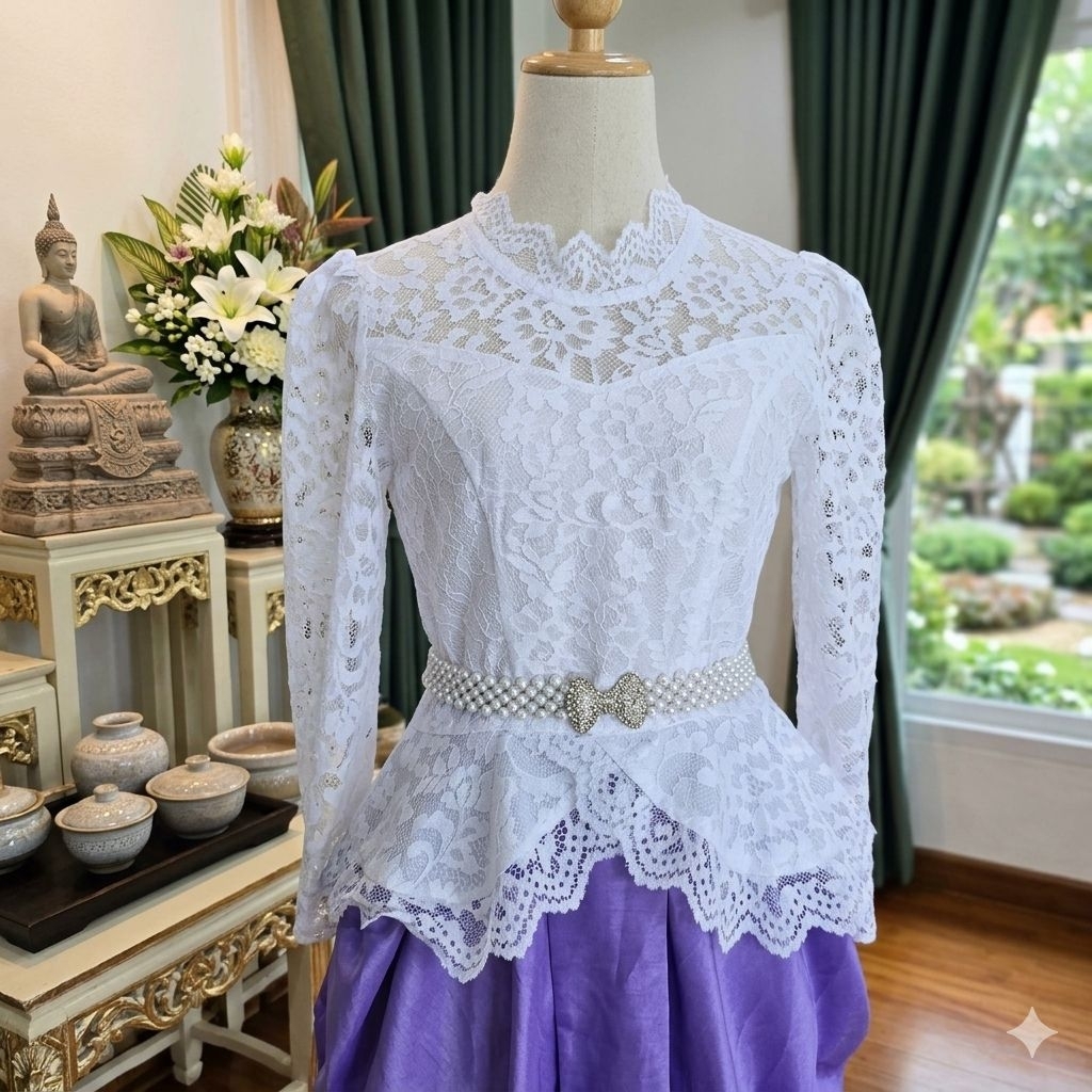 ล86 เสื้อลูกไม้อิตาลีร.5ประยุกต์สีขาวสวยมาก