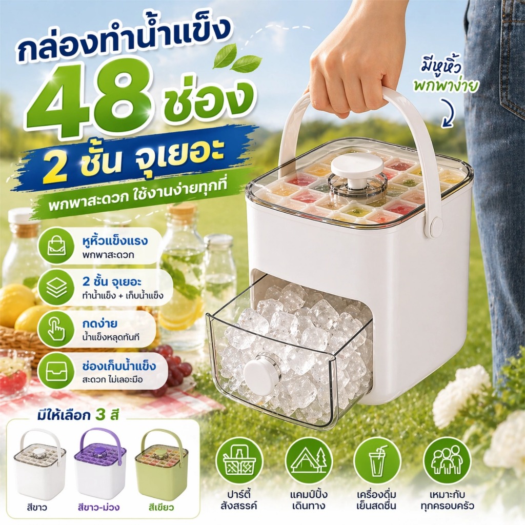 กล่องน้ำแข็งพกพา 48 ช่อง 2 ชั้น มีหูหิ้ว แข็งแรง ใช้ได้ทั้งบ้านและนอกบ้าน